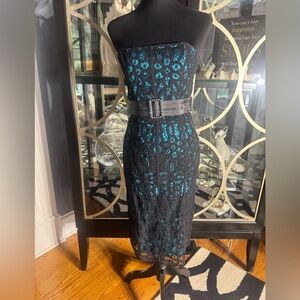 Betsey Johnson Black and Blue Strapless Bodycon Midi Dress